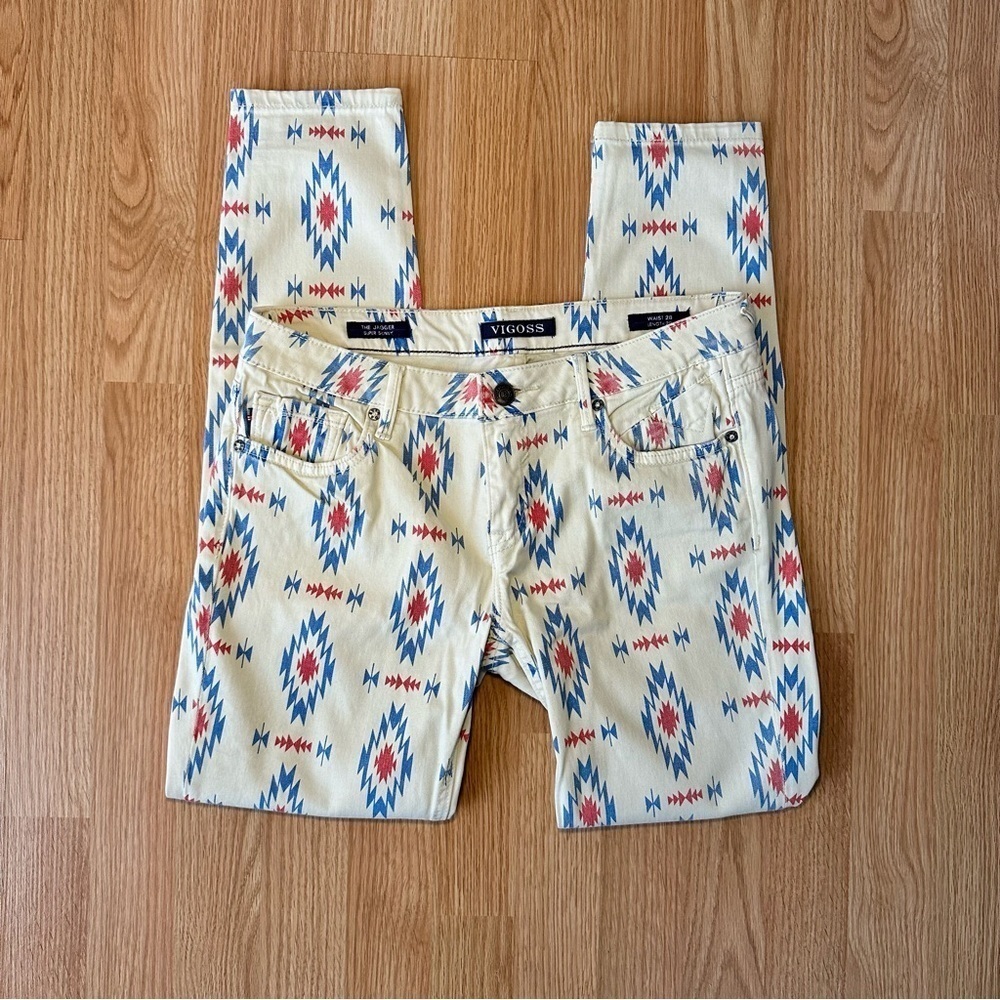 VIGOSS The Jagger Super Skinny Aztec Printed Off-White/Cream Patterned Jeans